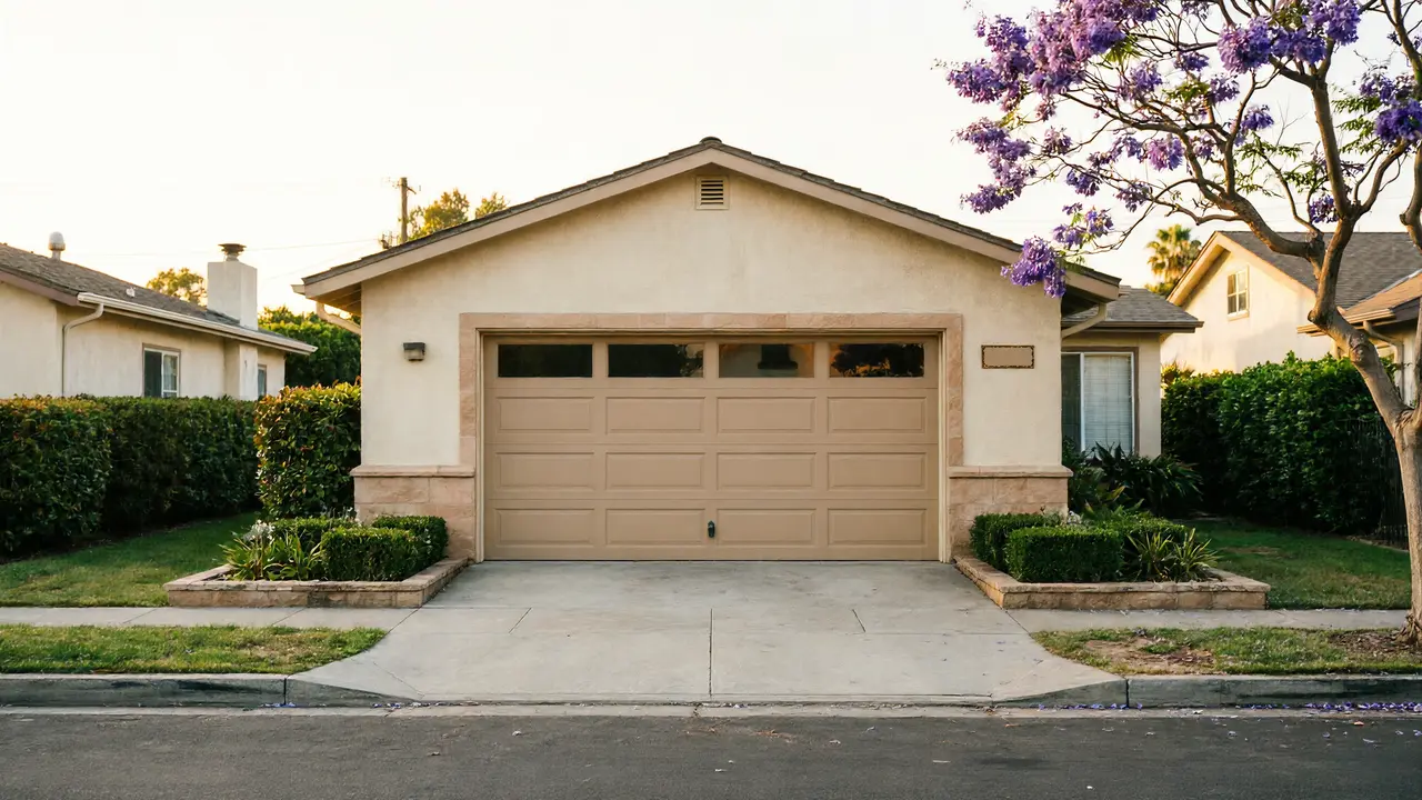 A beige house has a matching garage door with windows and a concrete driveway.