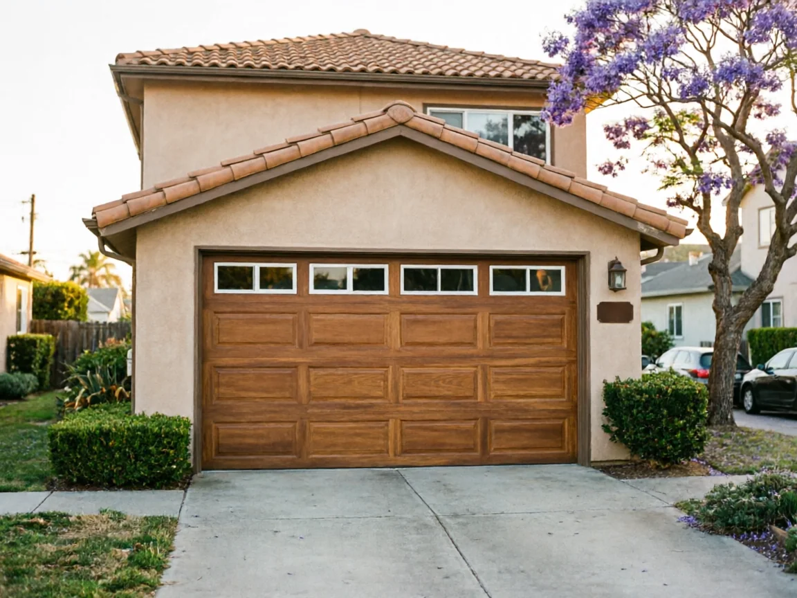 A brown wooden garage door with windows is on a tan house.