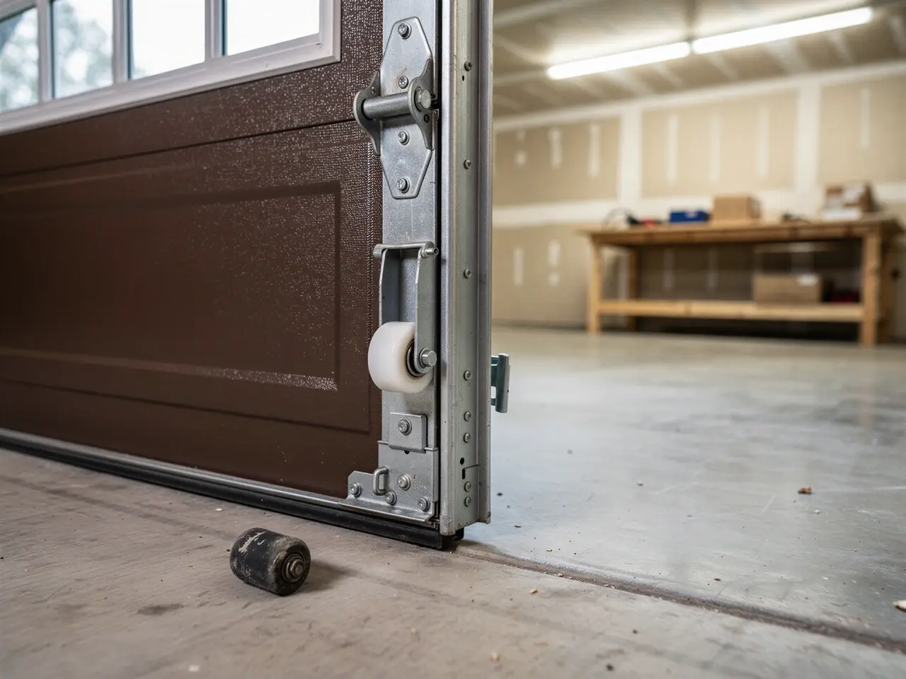 A brown garage door with a white roller and a detached black roller on the floor.